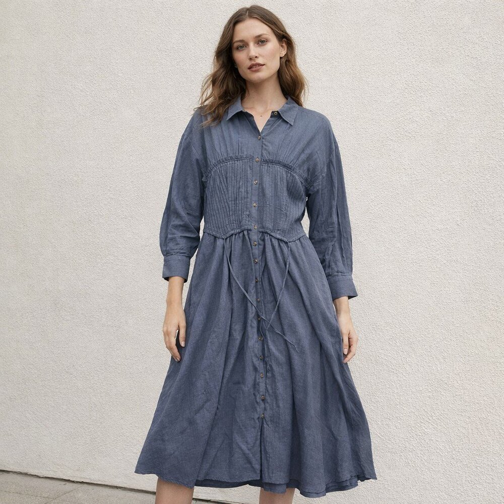 Anthropologie Pilcro Corset Midi Dress Blue Size Large Pockets Long Sleeve